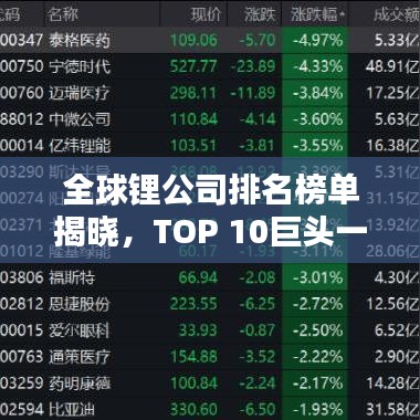全球鋰公司排名榜單揭曉，TOP 10巨頭一覽無余